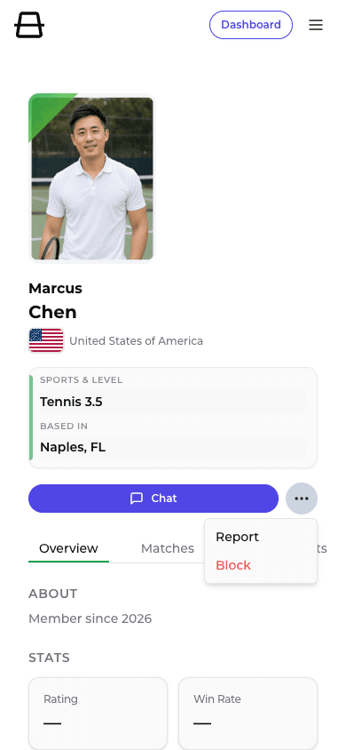 Player profile with the actions menu next to Chat