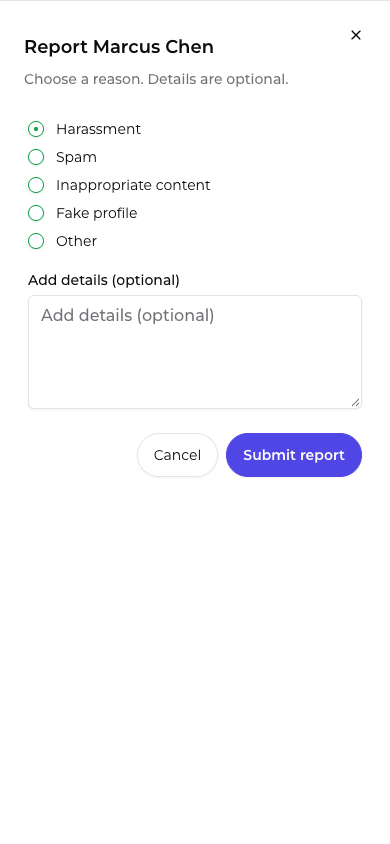 Report sheet with reasons and optional details