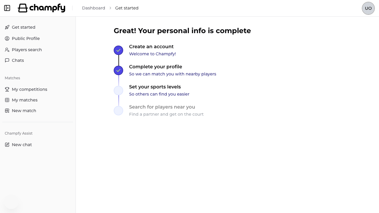 Champfy Onboarding steps for personal details, sport levels, and Player search