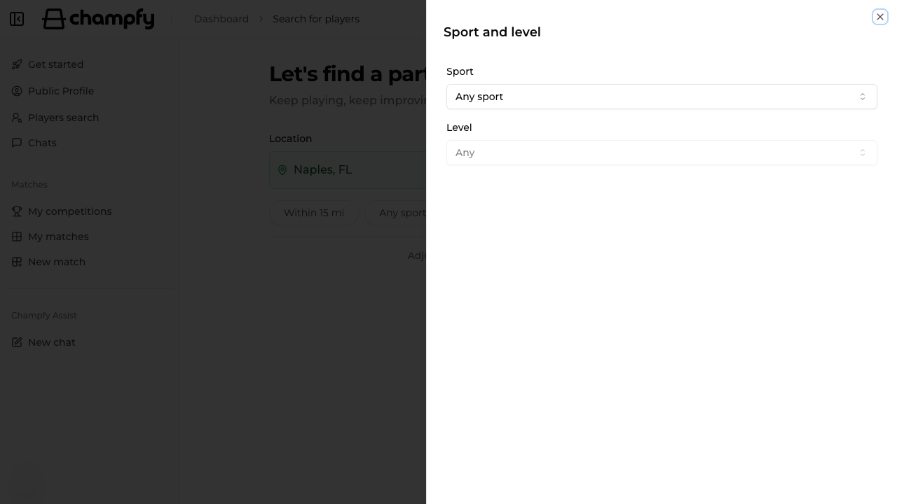 Champfy Player search showing the Sport and level filter