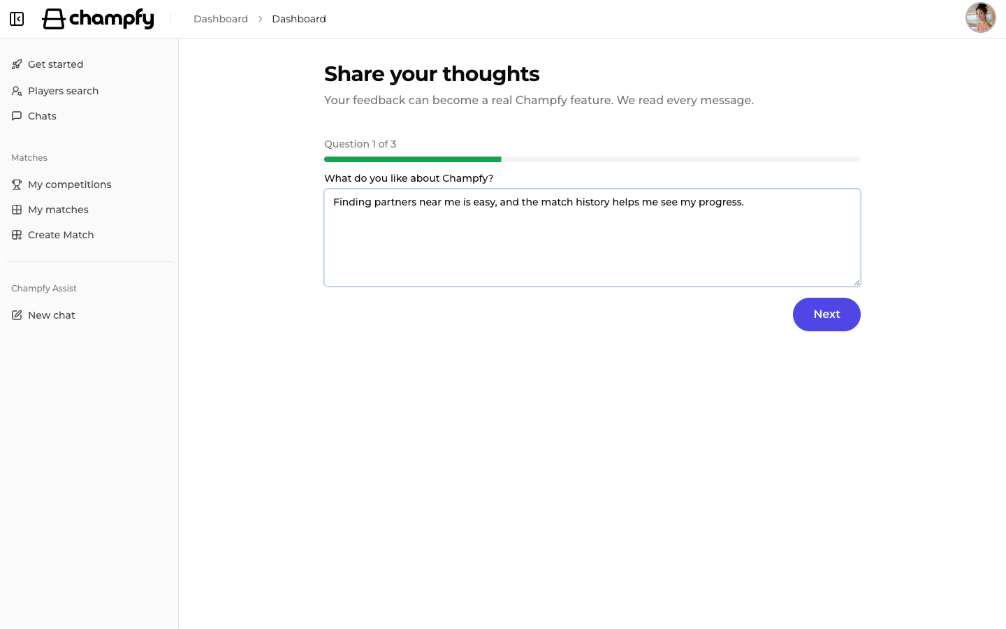 Feedback page with an answer filled in for question 1
