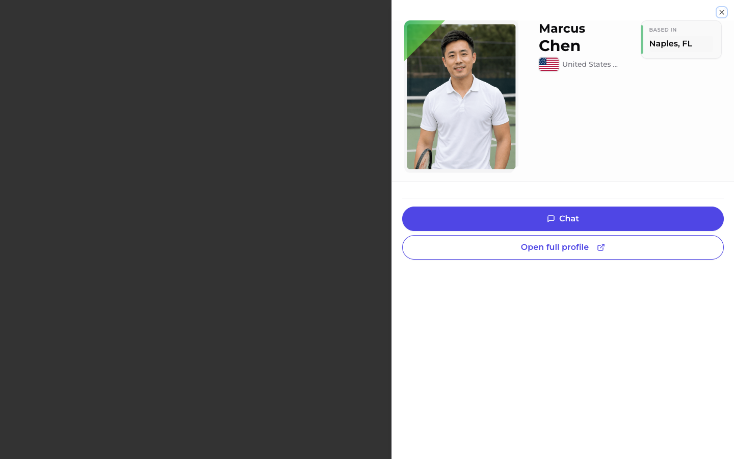 Player profile preview for Marcus Chen with Chat and Open full profile