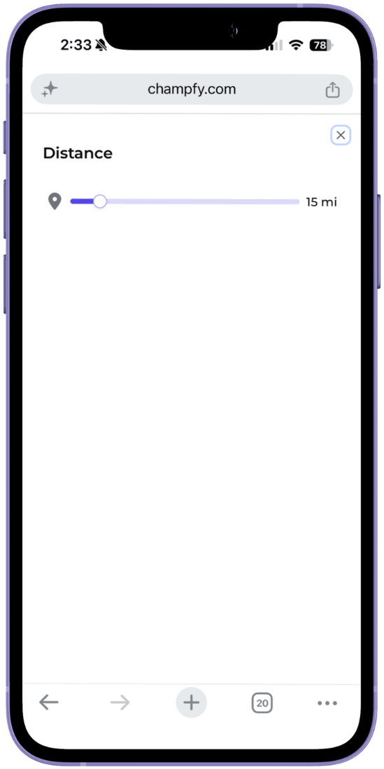 Distance filter sheet with a slider set to 15 miles