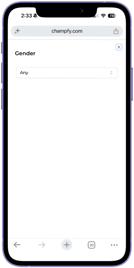 Gender filter sheet with an Any dropdown