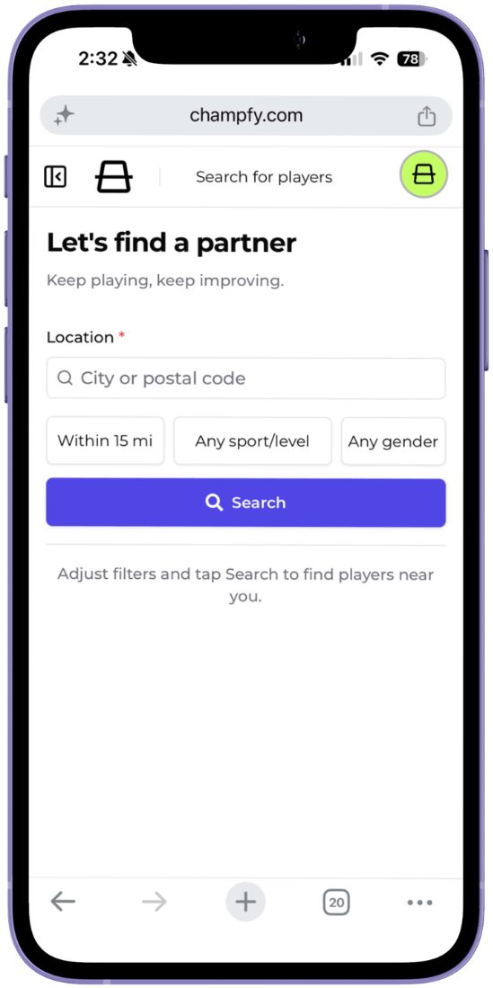 Find Players showing compact filter chips for distance, sport and level, and gender