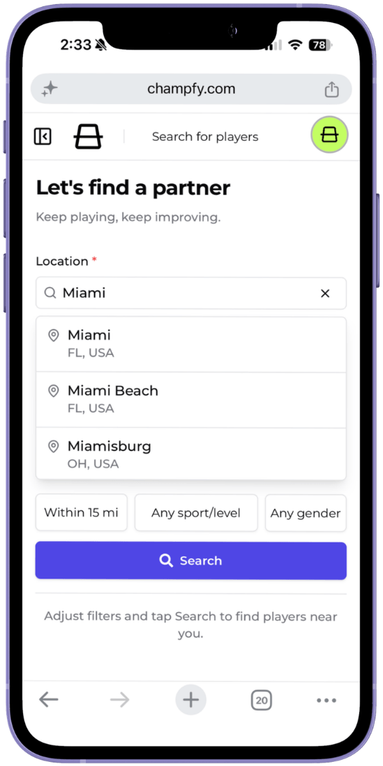 Find Players location input showing suggestions for Miami, Miami Beach, and Miamisburg