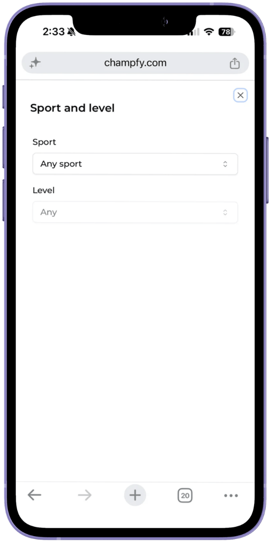 Sport and level filter sheet with sport and level dropdowns